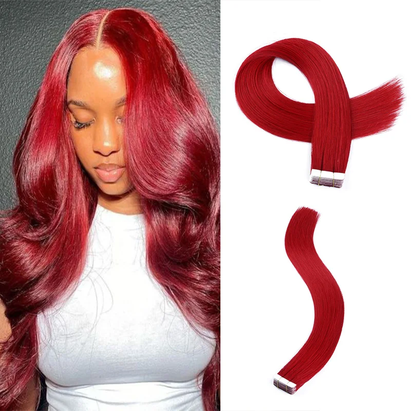 

Highlight Red Real Human Hair Purple Tape in Hair Extensions Silky Straight Seamless Skin Weft Tape in Hair Extensions For Women