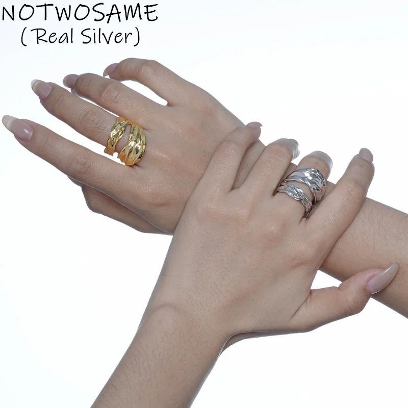 

NOTWOSAME Mirror Silver Exaggerated Wide Ring for Women Ins Stylish Fashion Girls Dress Jewelry 925 Sterling Silver Hollow Rings