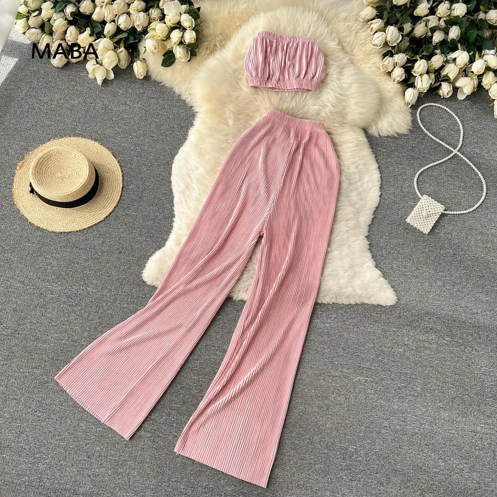 

Sexy Two Piece Set Women 2022 Summer Off Shoulder Strapless Crop Top + High Waist Pleated Wide Leg Pants Fashion Beach Suit