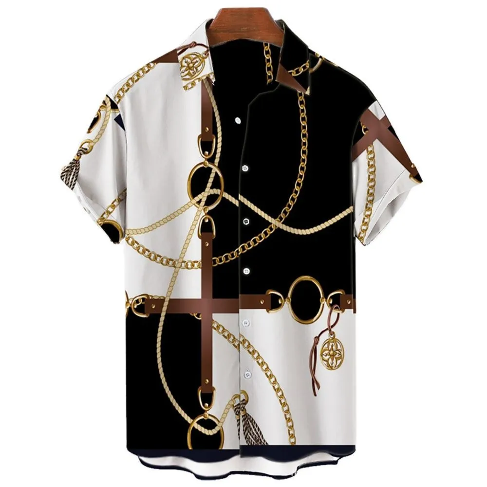 

2022 camisa havaiana masculina manga curta corrente de ouro masculina impressão 3D camisa de um botão grande camiseta casual 5XL