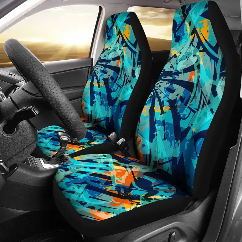 

Blue Turquoise Orange Abstract Art Car Seat Covers Pair, 2 Front Seat Covers, Car Seat Protector, Car Accessories
