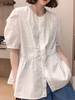 summer new elegant fashion solid color hollow out solid color casual blouse 2022 womens clothing lace single breasted blouses