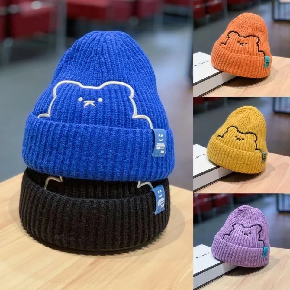 

Fashion Cute Bear Embroidery Wool Beanies Hats for Women and Men Autumn and Winter Warm All Match Cartoon Knitted Bonnets