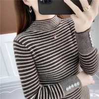 2022 spring autumn alternating stripes sweater half turtleneck long sleeve tops korean casual clothing for women fashion sweater