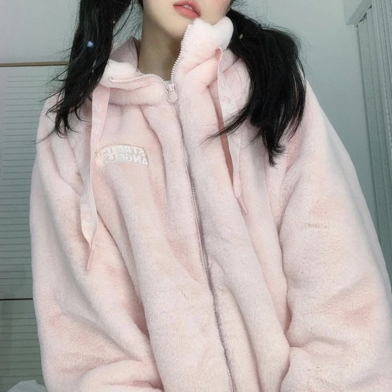 Sudadera Kawaii rosa con cremallera para mujer, Top de manga larga de franela, sudaderas con capucha para niña, ropa para mujer MINGLIUSILI Winer 2021
