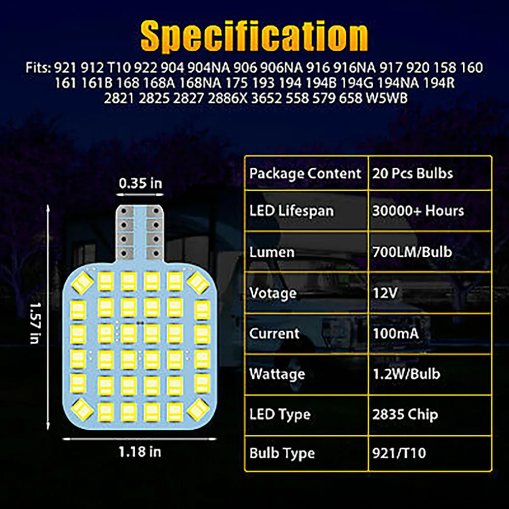 

20PCS T10 Car Interior 36-piece 2835 SMD LED Chips Light Bulbs For RV Camper Trailer Boat Car Led Lights Accessories