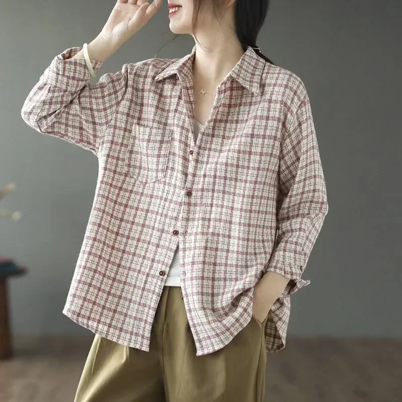 Винтажная клетчатая куртка-рубашка с длинными рукавами женская осенняя новая