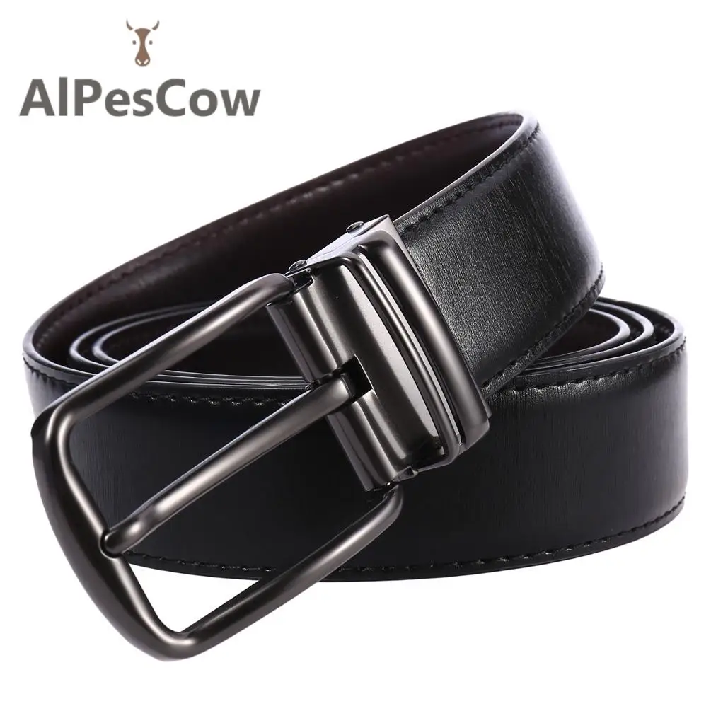 

Vintage 100% Alps Cowhide Genuine Leather Belt for Men Pin Buckle Waist Strap Luxury Leisure Designer Waistband Double Sided