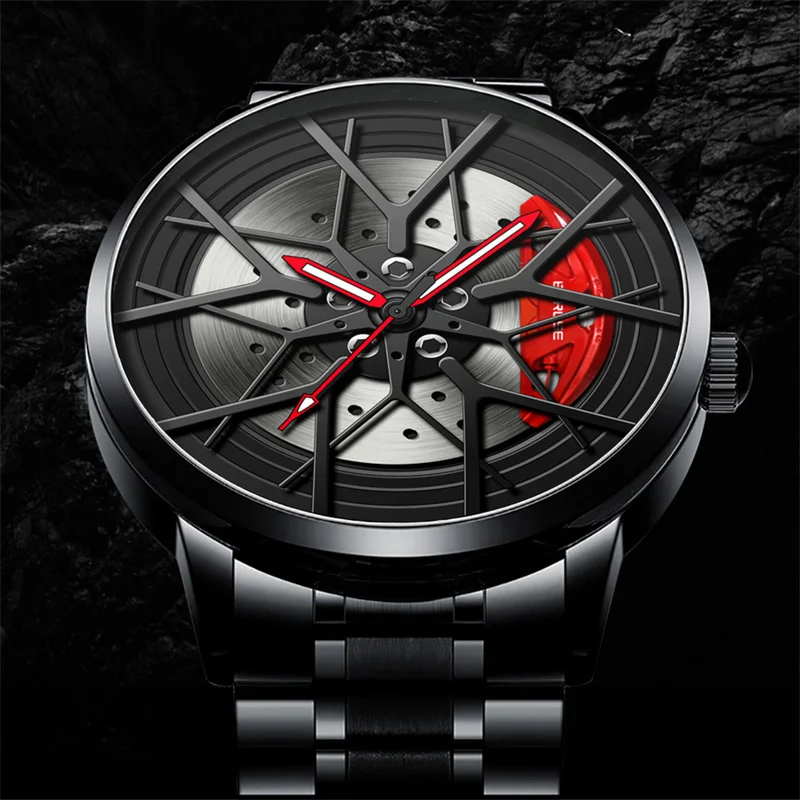 

Mens Luxury Sports Car Wheel Watches Stainless Steel Waterproof Watch Male Wheel Hub Quartz Leather Luminous WristWatch relogio