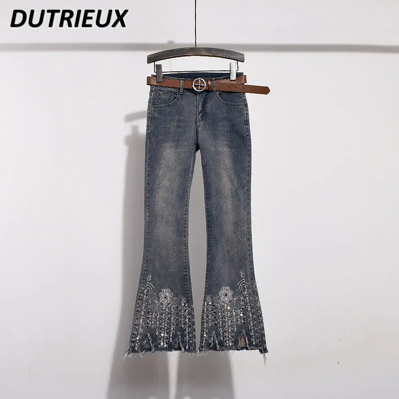 

Retro Raw Embroidery Ankle-Length Bootcut Jeans Women's High Waist Elastic Slim Fit Slimming Younger Bell-Bottom Denim Pants