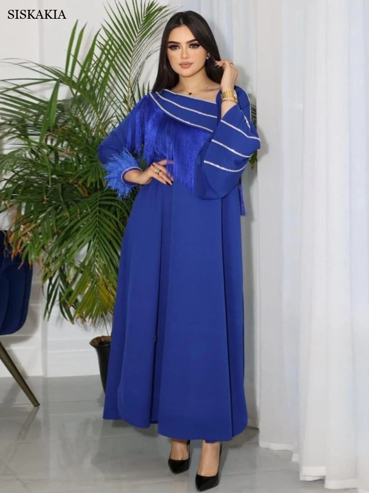 

Siskakia Fashion Muslim Evening Party Dresses Blue Empire Swing Tassel Feather Patchwork Loose Arab Women Robe Southeast Asia