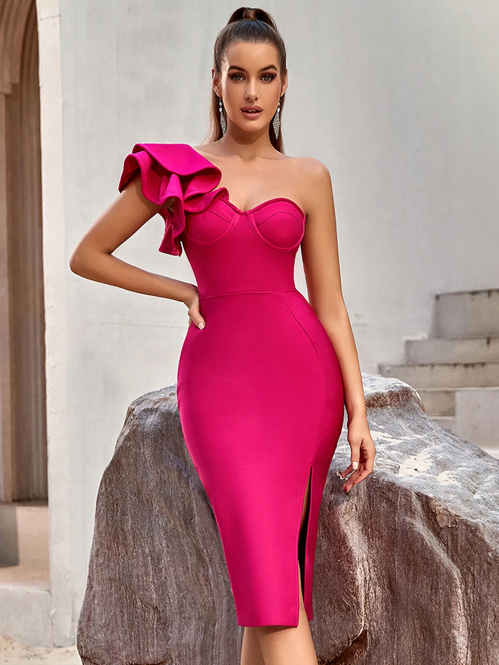 

Модное сексуальное Бандажное платье на одно плечо с оборками, винтажное элегантное вечернее платье, облегающее женское платье средней длины, розово-красное платье на день рождения
