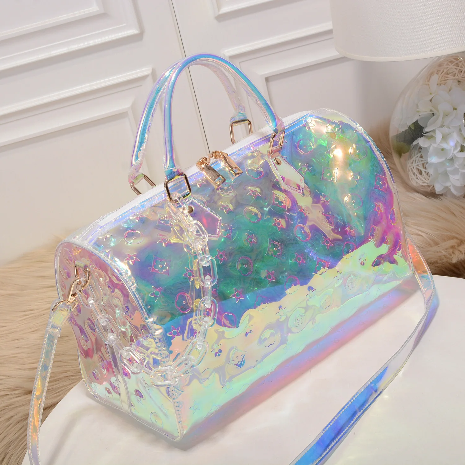 Rainbow Laser Travel Bag For Women 45CM Luxury Big Transparent Unisex Fitness Luggage Bags FLarge Capacity Beach Sports Handbag