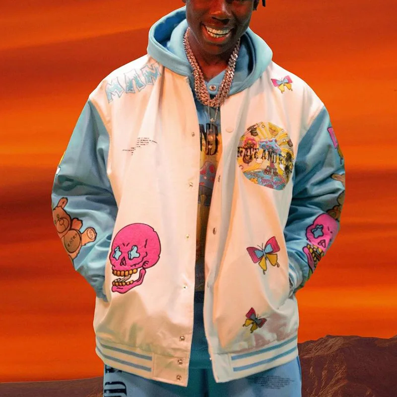 

Gothic Skull Printed Baseball Uniform Loose Jacket for Men Male Coat Casual Couple Luxury Men Winter Jacket Hip Hop Top 2023 New