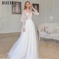 jeheth long puff sleeves v neck tulle bohemian wedding dress elegant lace appliques backless bridal gown vestidos de novia women