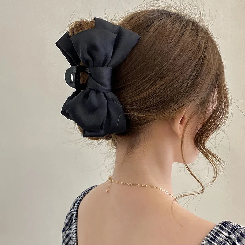 

New Korean Fashion Women Hair Claw Big Bow Satin Barrette Metal Hair Clip Double Sided Bow-Knot Grab Clip Casual Girls Hairpins