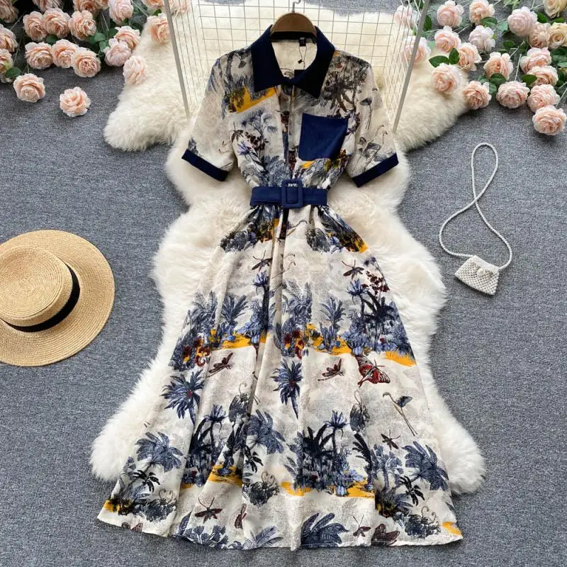 

Spring Autumn Floral Print Lady Short Dress New Casual A Line Polo Collar Chiffon Single Breasted Women Dresses