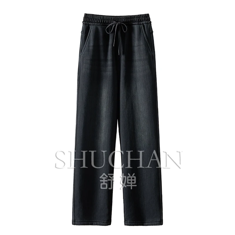 Темно-синие флисовые эластичные прямые брюки с высокой талией женские зимние