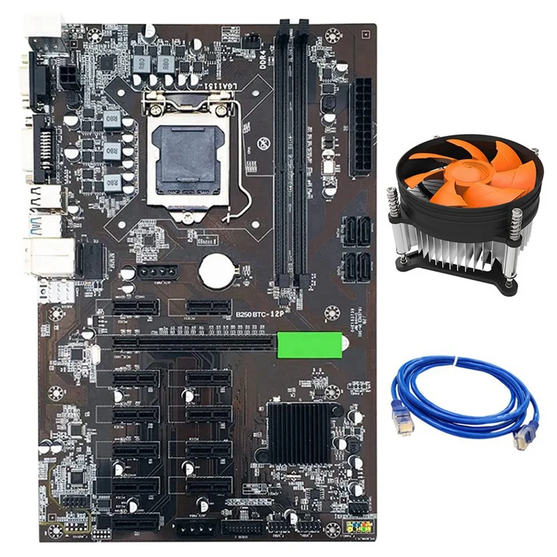 

B250 BTC Mining Motherboard With RJ45 Network Cable +Cooling Fan Pcie X1 PCI-E X16 LGA 1151 DDR4 12Xgraphics Card Slot