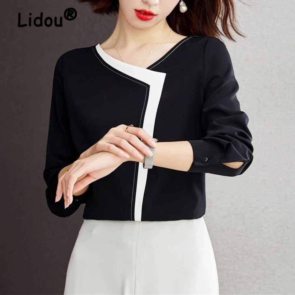 

Profession Office Lady Chiffon Blouses Urban Fashion Splicing V Neck Women's Pullover Long Sleeve Black Elegant Women Shirt 2022