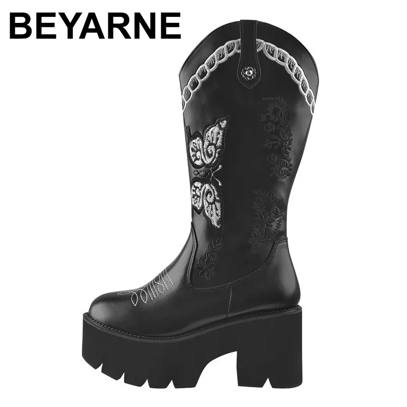 

Retro Knight Cowboy Boots Woemn Butterfly Embroidered 2023 New Winter British Style Western Boots Platform Thick Heel