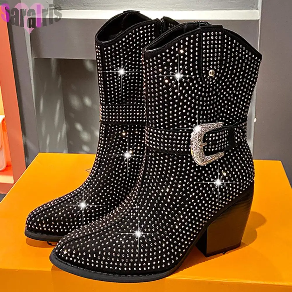 

Autumn Winter Women's Ankle Boots Pointed Toe Chunky High Heels Rhinestone Luxury Buckle Ladies Shoes Goth Punk Boots For Woman