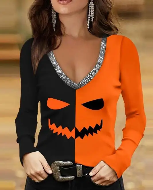 

Fashion Women Blouse 2023 Printed Long Sleeve V-Neck Top Casual Versatile Pullovers New Women's T-Shirt Autumn Clothes
