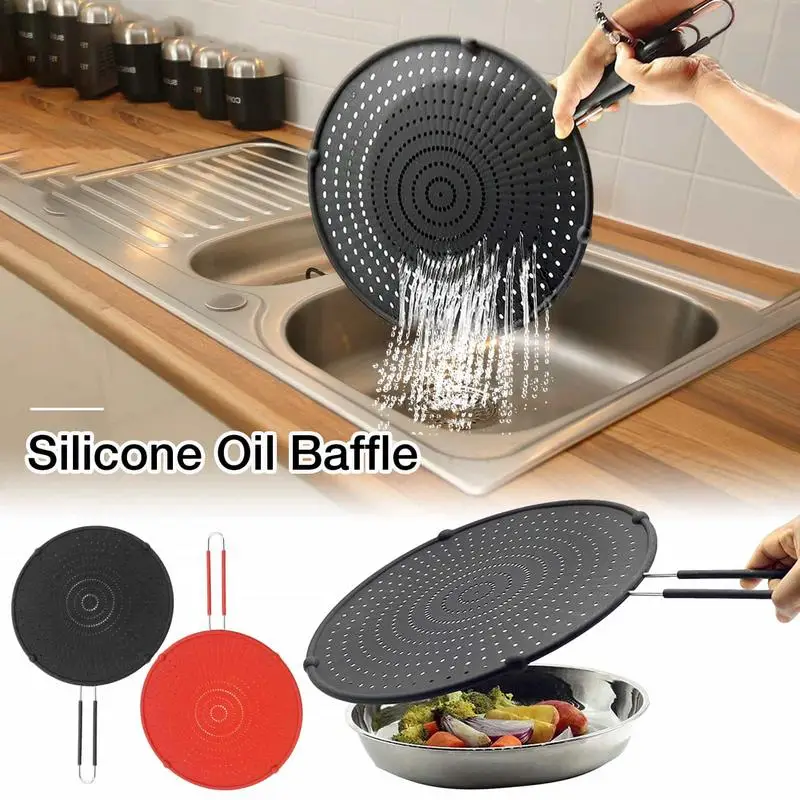 

Silicone Kitchen Splatter Screen With Handle Filter Oil Retainer Baffle Drainer Kitchen Frying Pan Lid Heat-resisting Anti-spill