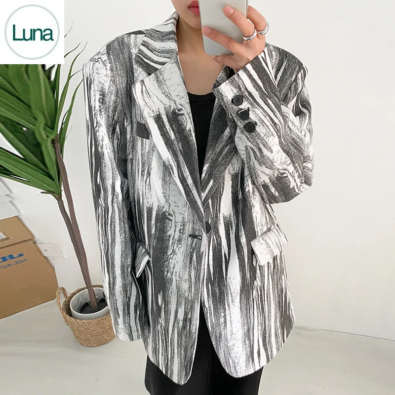 

Уличный хипстер с темным ветром, новинка 2023, костюм с воротником и длинным рукавом, прямой женский костюм с индивидуальным принтом, куртка