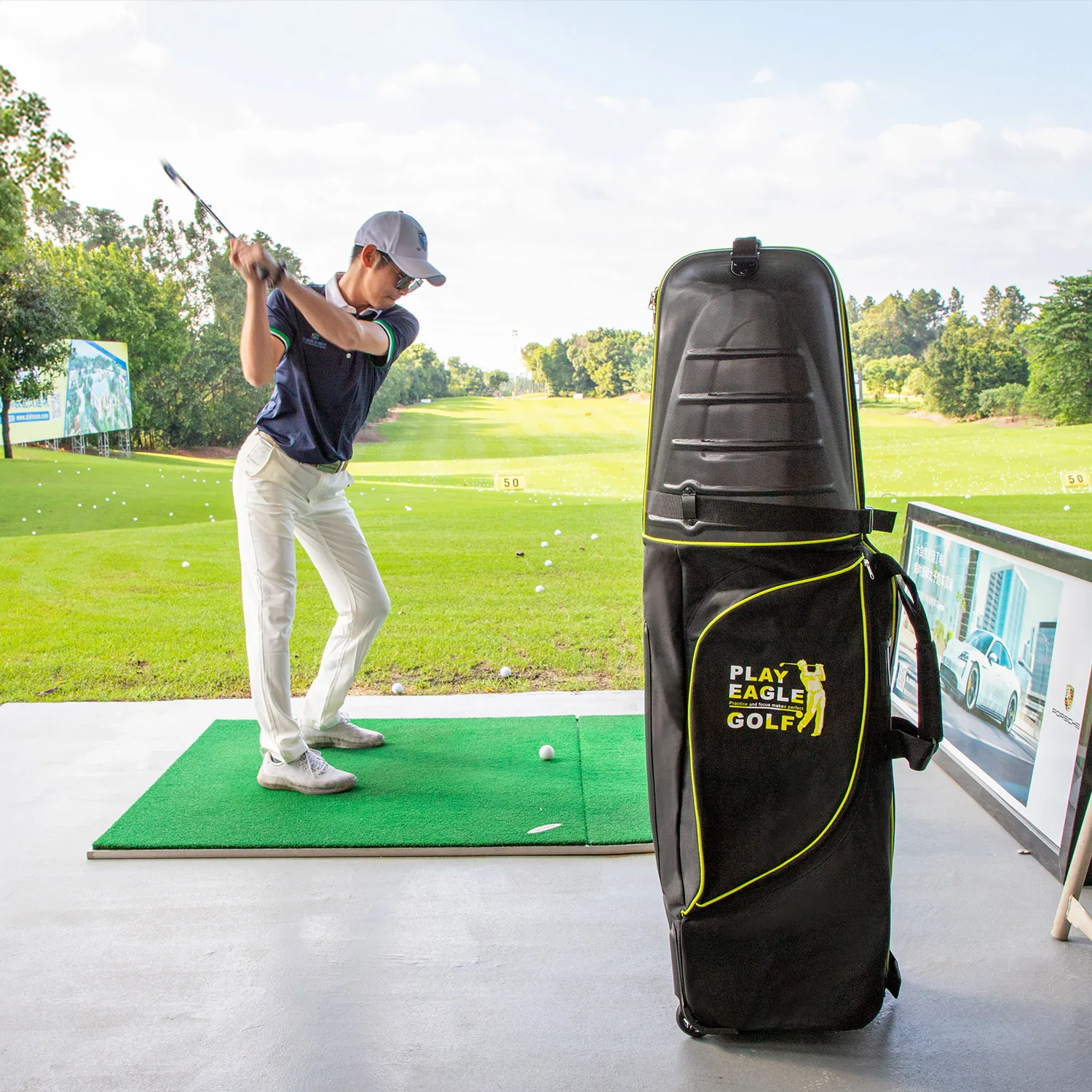 PLAYEAGLE Folding Hard Top Golf Airplane Cover Golf Travel Bag with Wheels and hardcase