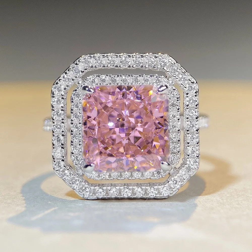 

Fashion Pink Colored Zircon Rings Princess Cut Halo Band CZ 925 Sterling Silver Wedding Engagement Rings Zircon Rings For Women