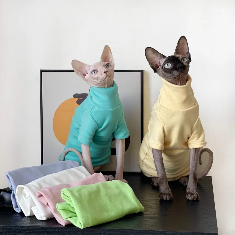 

Кошачья рубашка без волос Sphynx, хлопковый свитер с высоким воротником, пуловер, футболки с котятами, Пижамный комбинезон с котом для корниров...