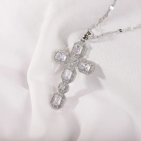 Искрящие женские ожерелья с крестом из нержавеющей стали, металлический кулон с крестом золотого цвета, блестящие камни CZ, религиозный молитвенный воротник Христа