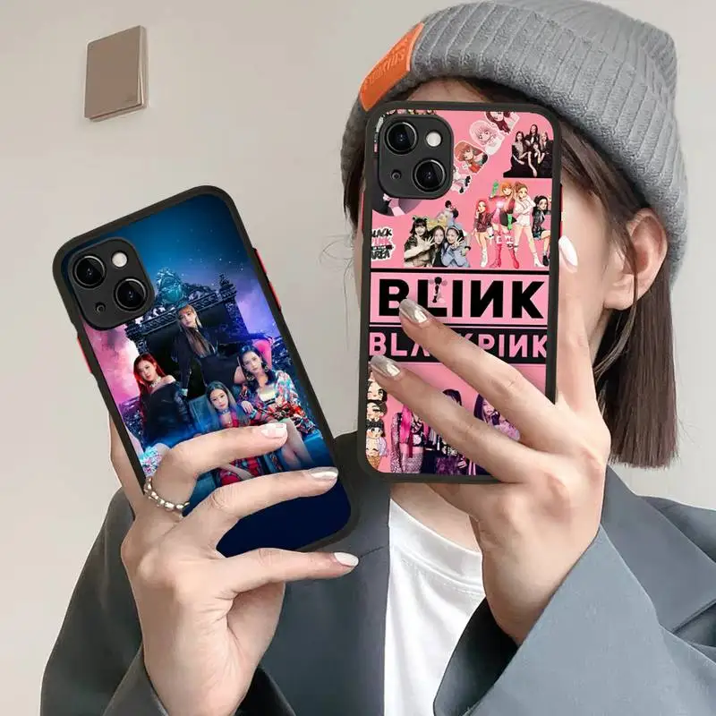

B-BLACK-P-Pink Kpop Phone Case for iPhone 14 11 12 13 Mini Pro Max 8 7 Plus X XR XS MAX Translucent Matte Cover