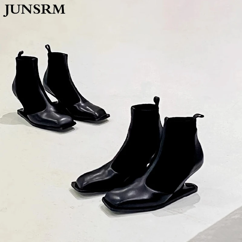 

Новинка 2023, модные маленькие короткие ботинки с квадратным носком, женские тонкие эластичные ботинки-носки без шнуровки, кожаная обувь