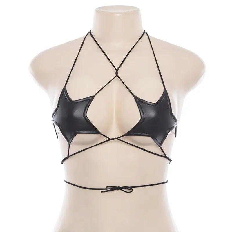 

Womens Sexy Glitter Reflective Five-Pointed Star Bra Strappy Bandage Halter Top