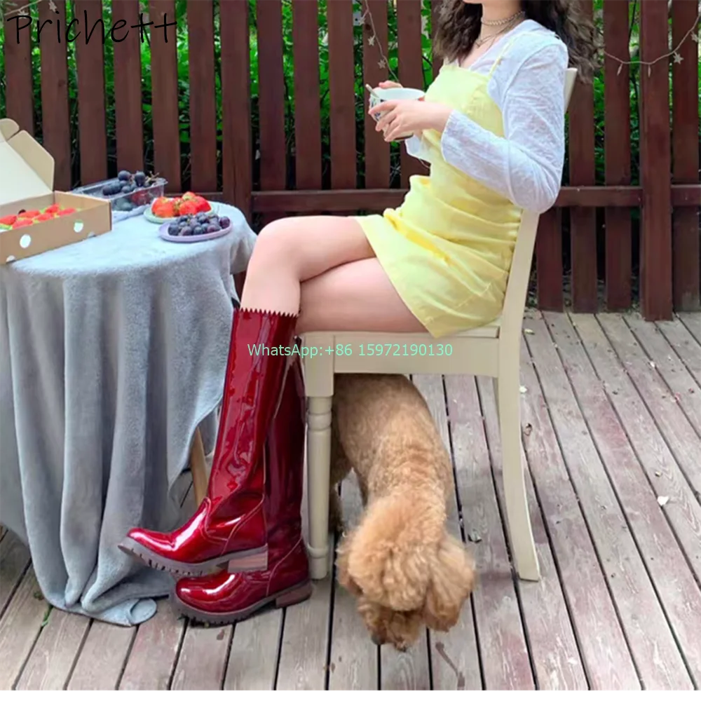 Женские сапоги до колена однотонные бордовые круглый носок квадратный каблук