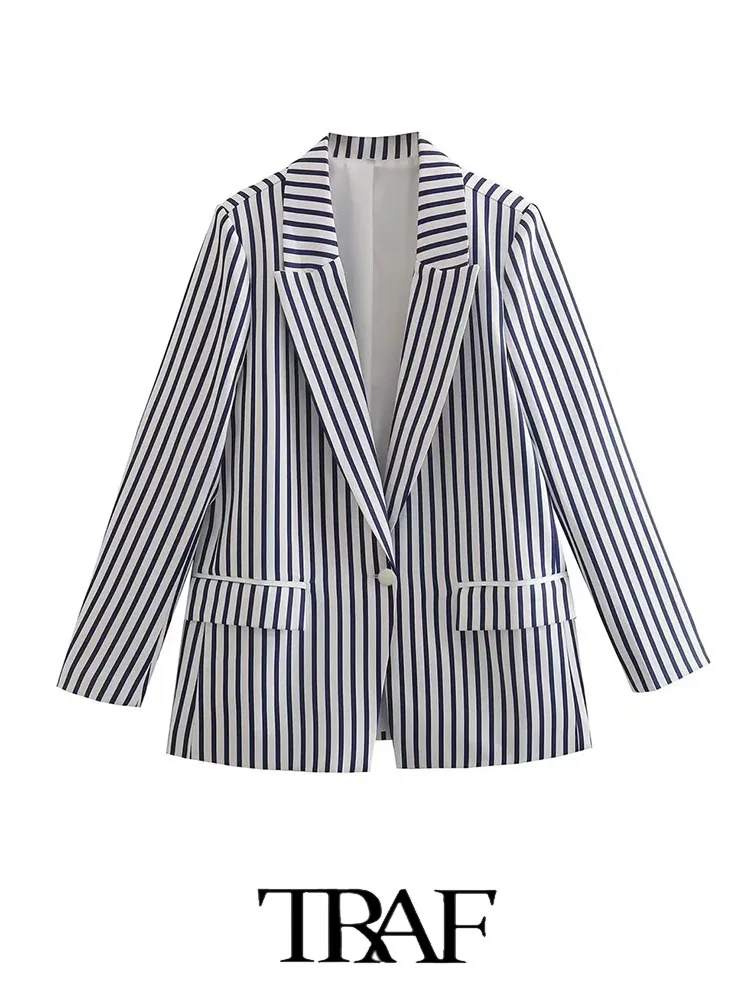 

TRAF 2023 Blue Striped Linen-blend Blazer With Pockets Women Casual Blazer Woman Office Elegant Female Suit Jacket
