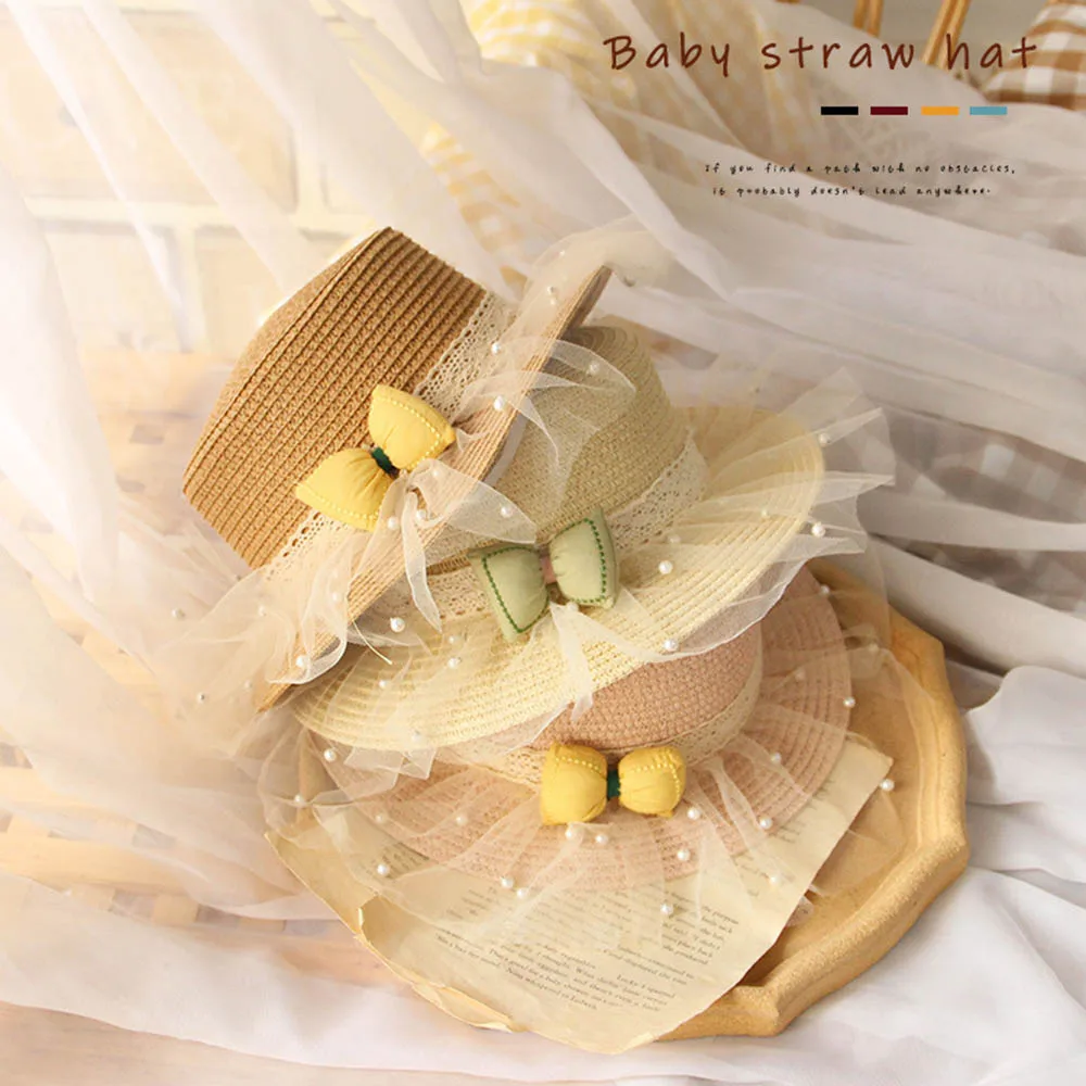 

Kids Girls Large Wide Brim Straw Woven Sun Protection Beach Hat Colorful Pompom Ball Summer Floppy Bucket Cap Portable Sunhat