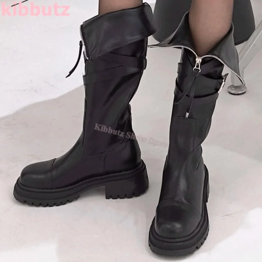 Сапоги до колена с перевернутыми краями натуральная кожа однотонные на молнии