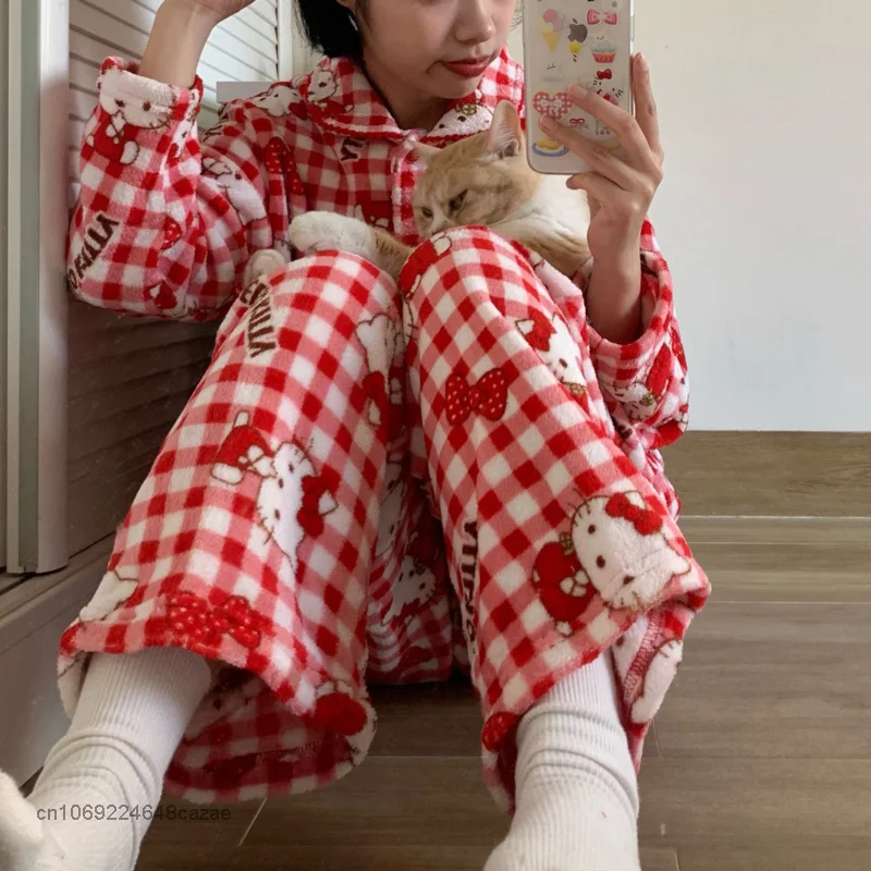 Sanrio Hello Kitty New Red Plaid Home Clothes Y2k Fashion Cardigan Tops Pants Plush Pajamas Suit Women Sleepwear 2 Piece Sets