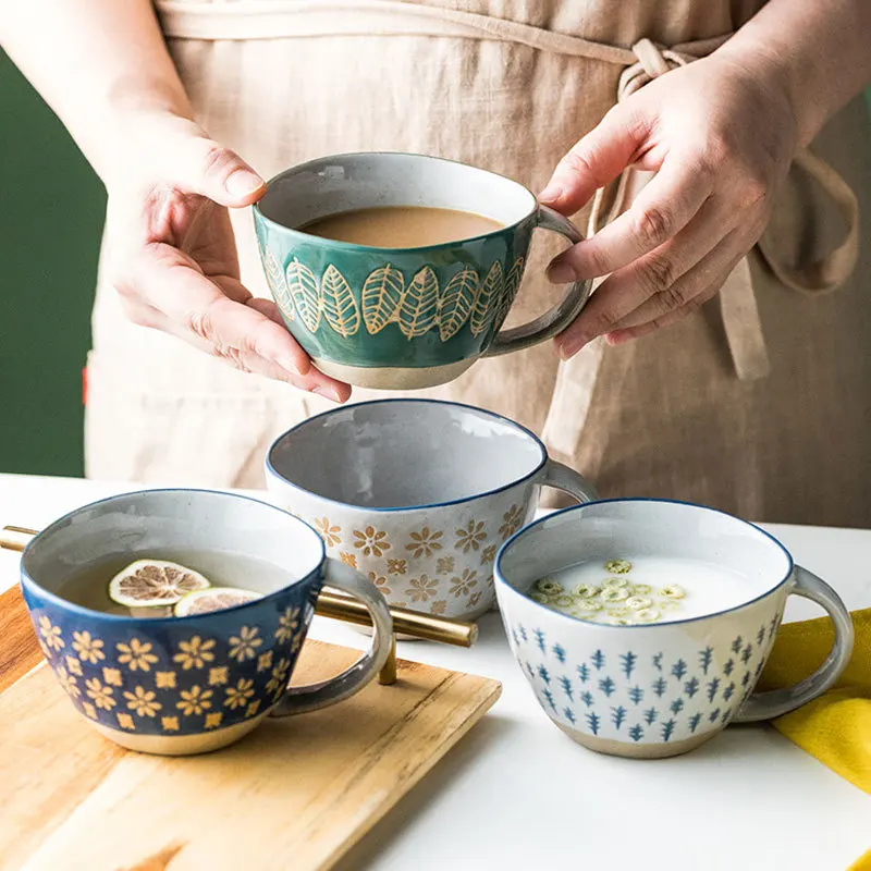 

Japanese handmade embossed stoneware mug, vintage hand-pinched irregular ceramic coffee cup, breakfast milk juice cup