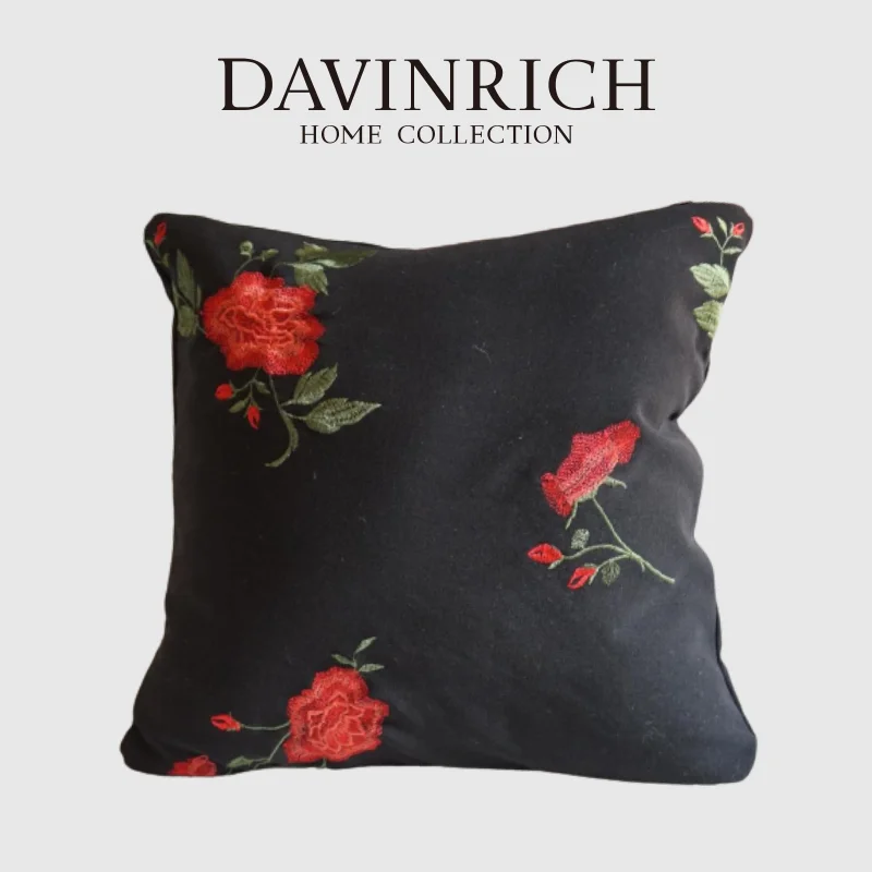 

DAVINRICH Retro Red Rose Toss Throw Pillow Covers French Romantic Flowers Embroidered Cushion Case For Living Room Bedroom Couch