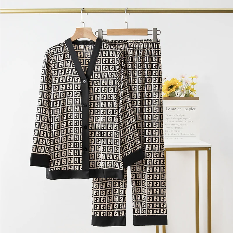 

Women's Pajamas For Women Sets V Neck Design Suit Long Sleeve Trousers Home Clothes Outside XXL Large Size Luxury Satin Pijama