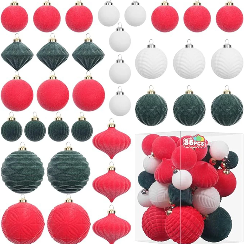 Набор бархатных рождественских украшений 35 шт. флокированные небьющиеся ассорти