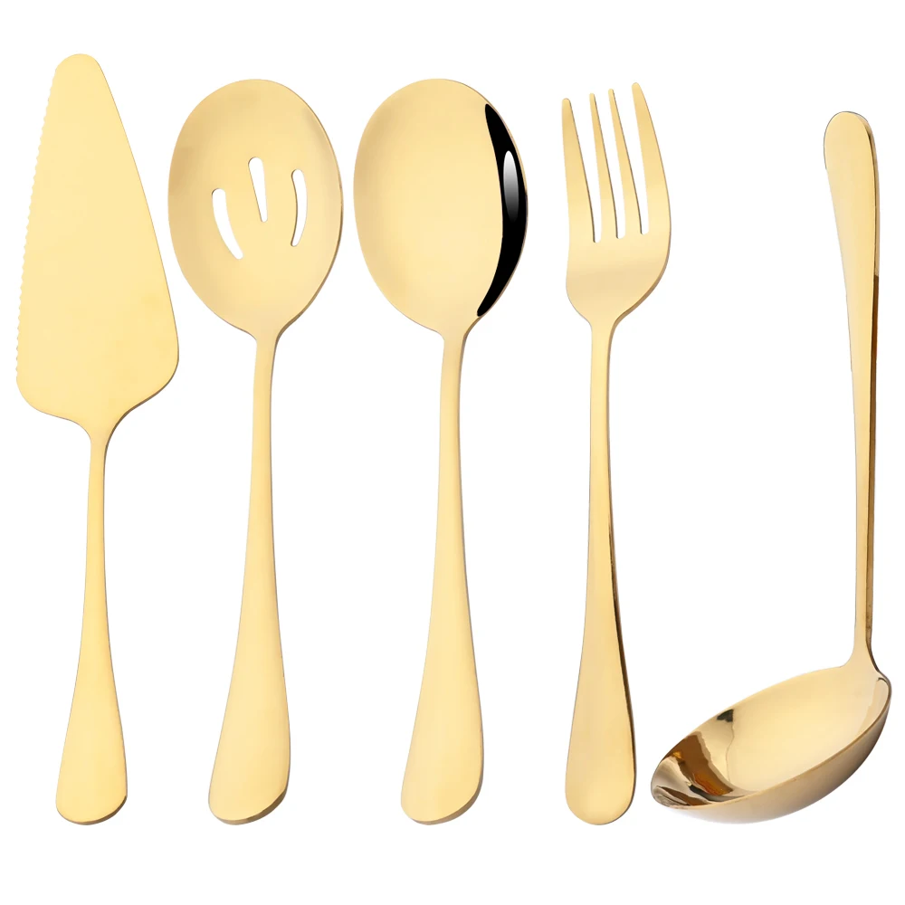 

5Pcs Gold Dinnerware Set Stainless Steel Cutlery Serving Utensils Buffet Catering Serving Colander Spoons Fork Silverware Set