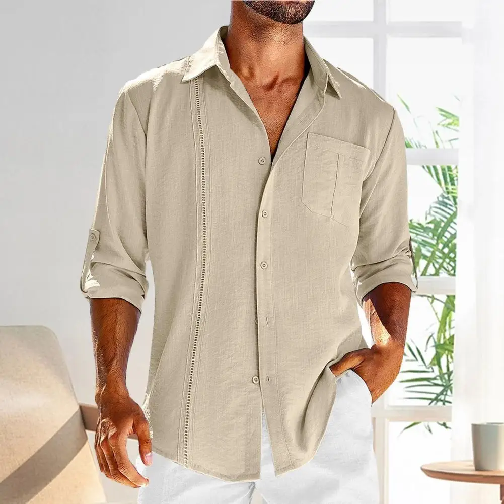 

Рубашка мужская однотонная с отложным воротником, повседневная однобортная блуза с длинными рукавами, кружевная строчка, топ свободного кроя, на лето