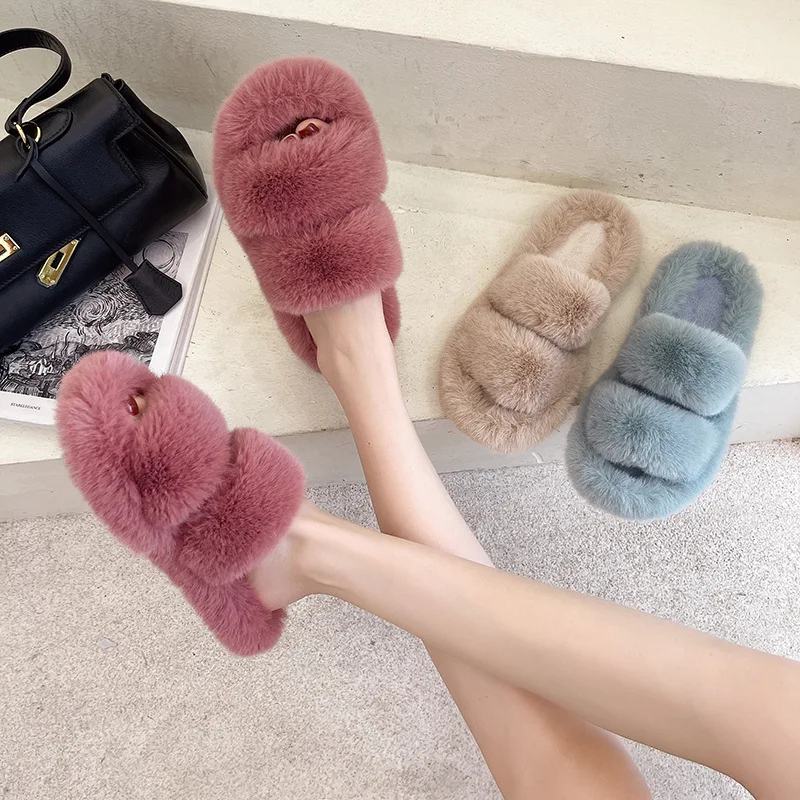 

Low Slippers Soft Female Shoes Flock Slides Fur Flip Flops Winter Footwear Fashion Comfort 2022 Flat Plush Luxury Massage Rome B