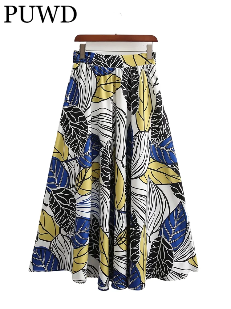 

PUWD Women Chinese Style High Waist Skirt 2022 Spring Fashion Ladies Vintage A-line Long Skirt Female Swing Drape Printed Skirt