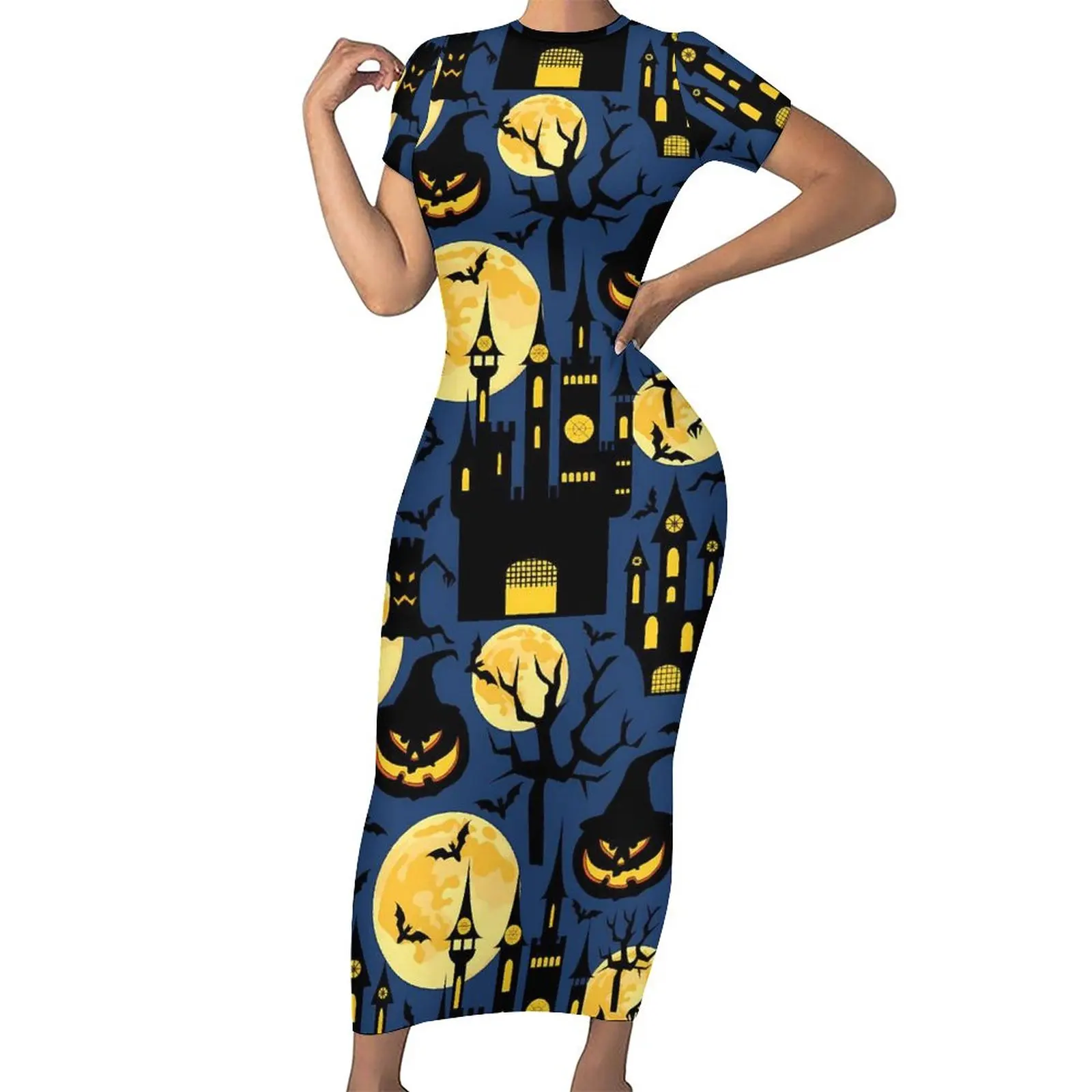 

Платье-макси с коротким рукавом и принтом в виде дома с привидениями